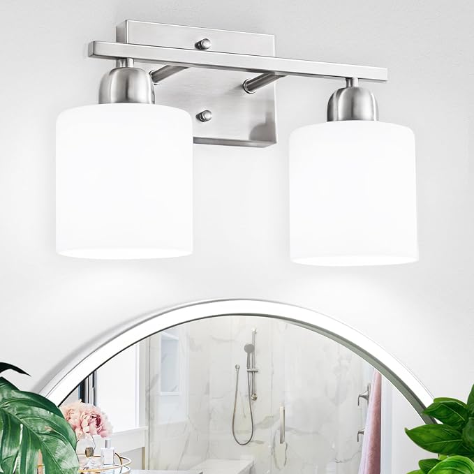 Brushed Nickel Bathroom Light, Anti-Rust Finish 2 Light Bathroom Vanity Light Brushed Nickel, Milky White Frosted Glass Shades, E26 Socket