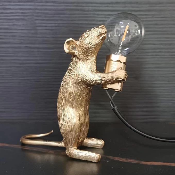 Modern Cute LED Resin Animal Mouse Table Lamp Art Mouse Children's Bedside Gift Desk Lights Small Mini Mice lamp(Gold Standing)