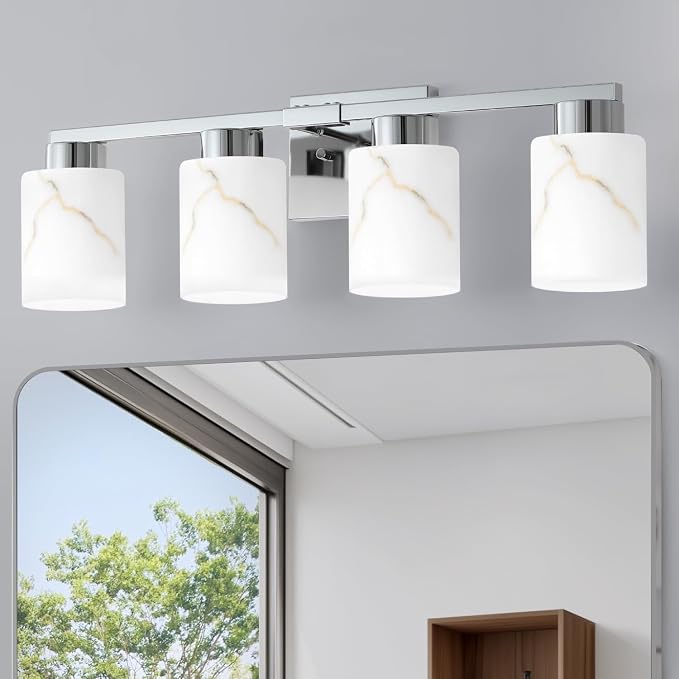 4-Light Bathroom Light Fixtures, Modern Vanity Lights, Chrome Metal Wall Lamp with White Marble Glass for Bathroom, Mirror, Living Room, Bedroom, Cabinet, Porch, Hallway, E26 Base