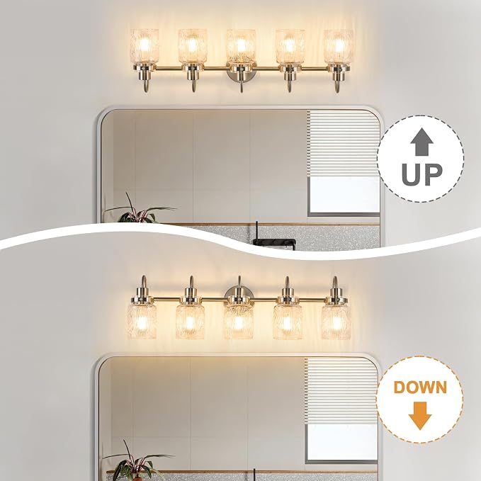 5 Lights Hammered Glass Bathroom Vanity Light,Brushed Nickel | Easy Installation,Up or Down,Farmhouse Modern Style,E26 Socket,ETL Certification
