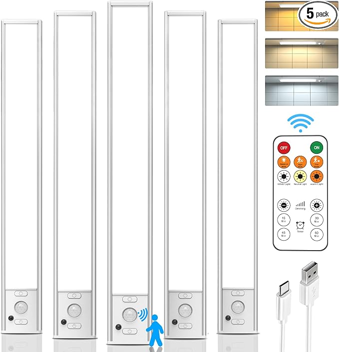 Under Cabinet Lighting with Remote, 12" Motion Sensor Light Indoor, Rechargeable LED Closet Light Wireless, 3 Color Temps & Dimmable, Magnetic Under Counter Lights for Kitchen, Stairs, Pantry, 5 Pack
