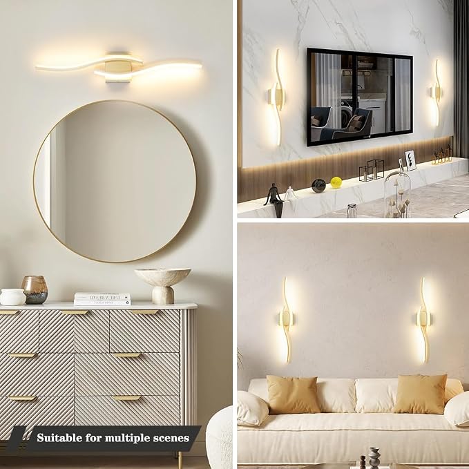 Daunton Modern Gold Wall Light Fixture Set of 2, RC Dimmable LED Wall Light Indoor, LED Wall Decor for Hallway Bedroom Living Room, Hardwired Wall Sconce with Remote Control, 27.56" in, Timer, Memory