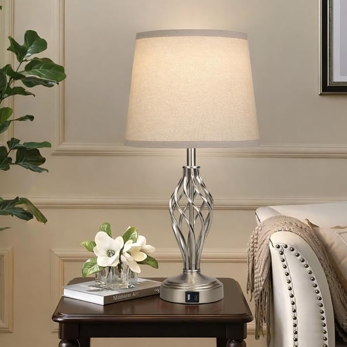 Ruiever Touch Table Lamps Set of 2, nightstand lamp with USB Ports Bedside 3 Way Touch dimmer Desk lamp for Living Room Bedroom,Nickel Plated Spiral cage Base Design Warm White dimmer Bulbs Included.