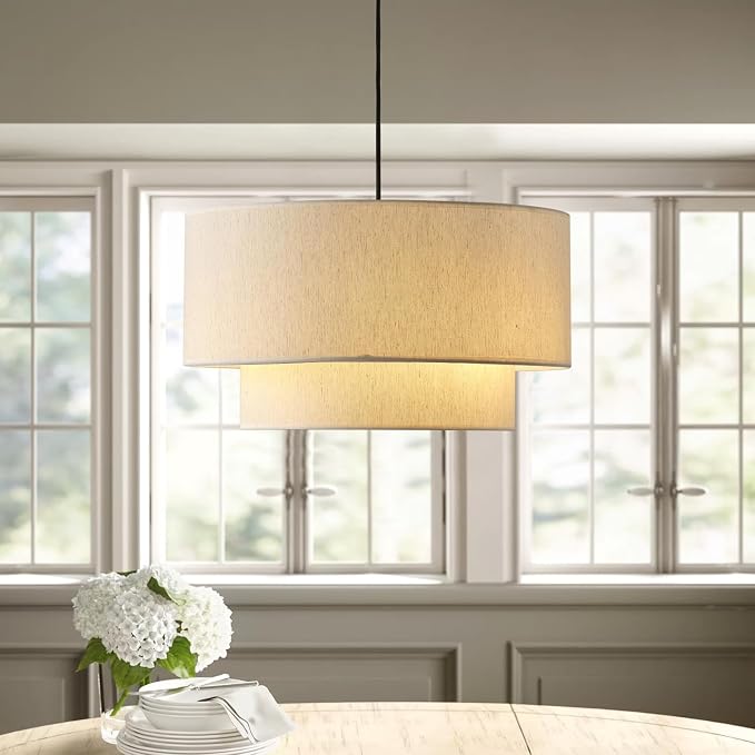 Aiwen 20" Drum Pendant Light Fixtures, 2-Tier Farmhouse Pendant Lighting | Linen Lampshade, 3-Light Modern Hanging Chandeliers for Dining Room, Living Room, Bedroom, Kitchen