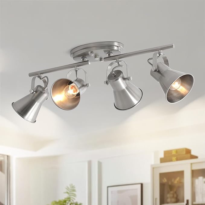 SEEBLEN 4-Light Track Lighting Fixtures Ceiling, Industrial Modern Kitchen Track Lighting, Nickel Directional Ceiling Light, for Kitchen Island, Dining Room, Living Room
