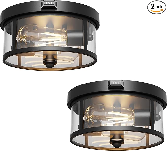 2Pack Outdoor Ceiling Light with Motion Sensor 9.3in - Porch Lights Outdoor, E26 Base, Flush Mount, 360° Detection, 3 Modes (Auto/Dusk to Dawn/Always-on), Farmhouse Ceiling Light for Porch, Entryway