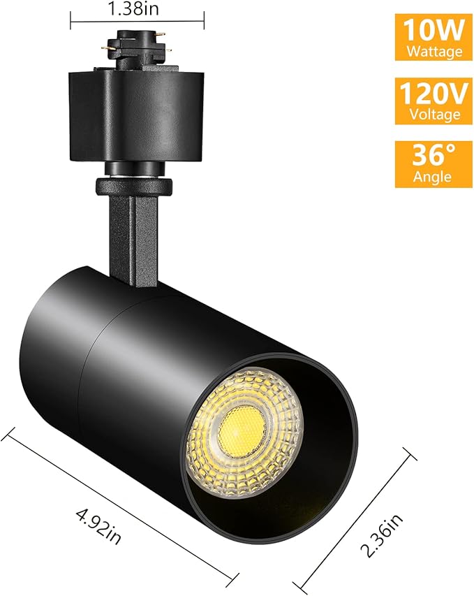 VANoopee 3-Color 10W H Track Lighting Heads Dimmable LED Track Light Heads Bright Rail Ceiling Spotlight Fixtures Accent Task, 3000K 4000K 5000K, Flicker Free CRI90+ 36° 1000lm, Matte Black, Pack of 4