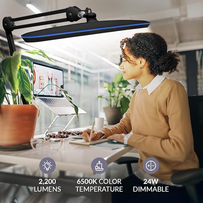 Neatfi XL 24W LED Desk Lamp with Base – 2,200 Lumens | 23” Wide Shade | Dimmable Eye-Caring Task Light | Adjustable Arm | Office, Study, Crafting & Nail Techs (Non-CCT with Base, Black)