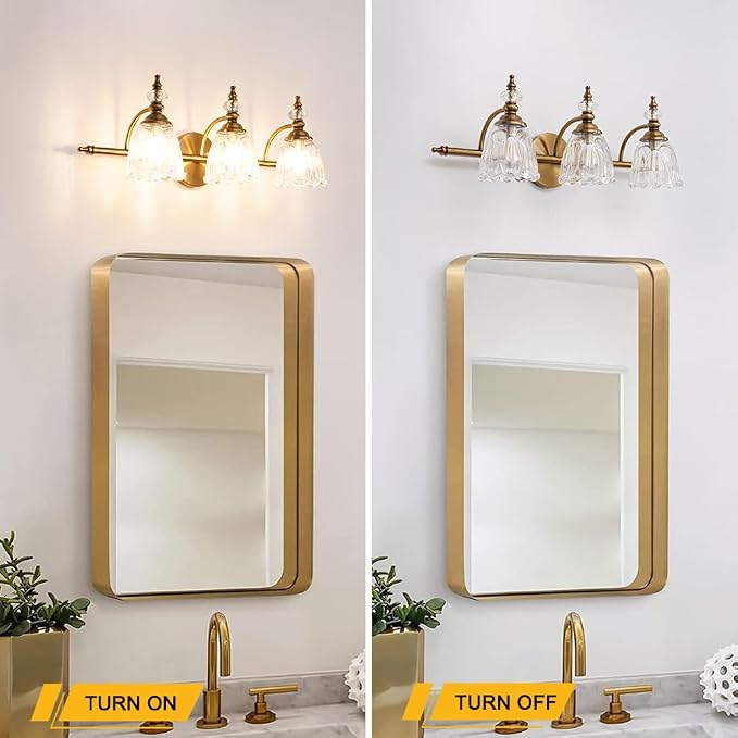 Brushed Gold Bathroom Vanity Light, Farmhouse Brass Bathroom Light Fixtures Over Mirror, 3 Light Vanity Lighting Fixtures, Flower Glass Shade Wall Sconce Lighting