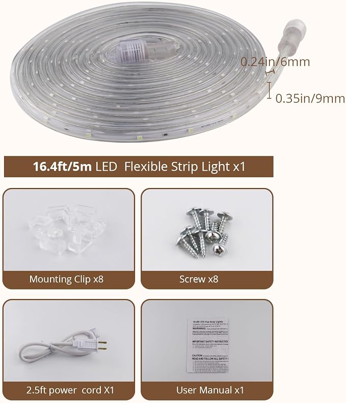LED Rope Lights, 16.4 Feet Daylight Flat Flexible Strip Light, Plug in Novelty Lighting, Connectable and Waterproof for Home Christmas Holiday Garden Patio Party Decoration | Flexible flat design. Connectable. 50,000hr lifespan. Ideal for home, garden,...