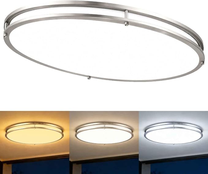 24 Inch Oval Brushed Nickel Ceiling Light-Flush Mount LED Ceiling Light 3000K/4000K/5000K Adjustable Brushed Nickel LED Bathroom Bedroom Lights 24” Kitchen Lamp, 32W, 2100LM, Steel and Polystyrene