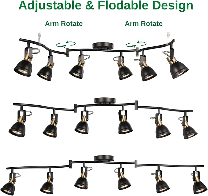 6 Light Foldable Track Lighting Kit,Matt Black Brass Finish Adjustable with Moden Ceiling Flush Mount Spotlight for Kitchen,Dining,Living Room,Home Improvement