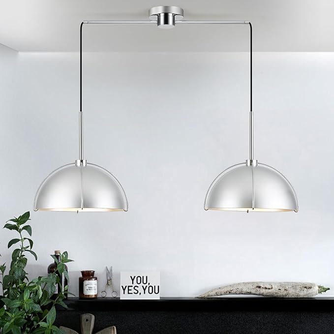Silver Dome Pendant Light 2 Light Socket Large Pendant Light Fixture with Adjustable Pendant Cord Modern Pendant Lighting for Kitchen Island Dining Room Kitchen Sink