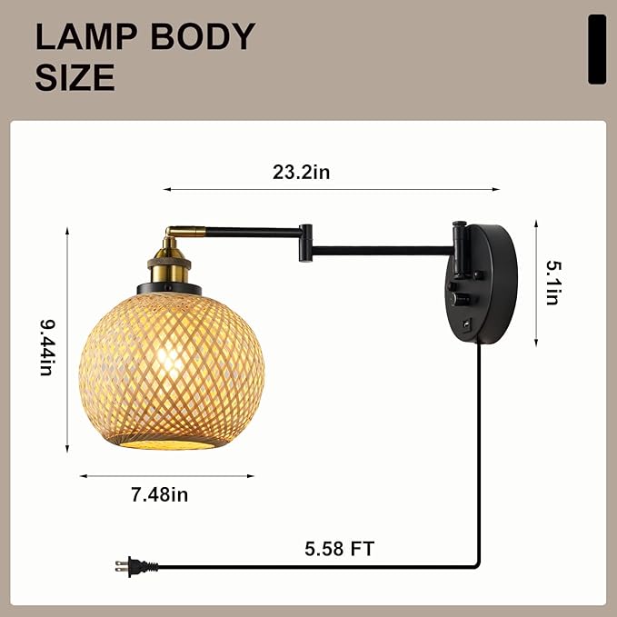 Rattan Plug in Wall Sconce Hand-Woven Rattan Swing Arm Wall Lamp with USB Port and Dimmer Switch Black Vintage Wall Light Fixtures Suitable for Bedroom Living Room.