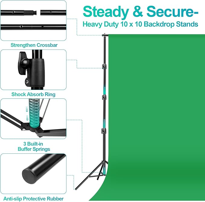 EMART 10 x 10 ft Heavy Duty Backdrop Support System, Professional Photography Lighting Kit with 5500K 50W LED, 10 * 15ft Backdrop *3, Reflector, Umbrellas&Softbox Lighting Kit for Studio, Portrait