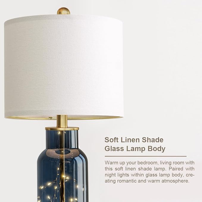 22" Glass Table Lamps Set of 2, Blue Modern Bedside Lamp with LED Night Light for Living Room, Nightstand Lamp with USB Ports for Bedrooms, Study Room, End Table(2 Bulbs Included)