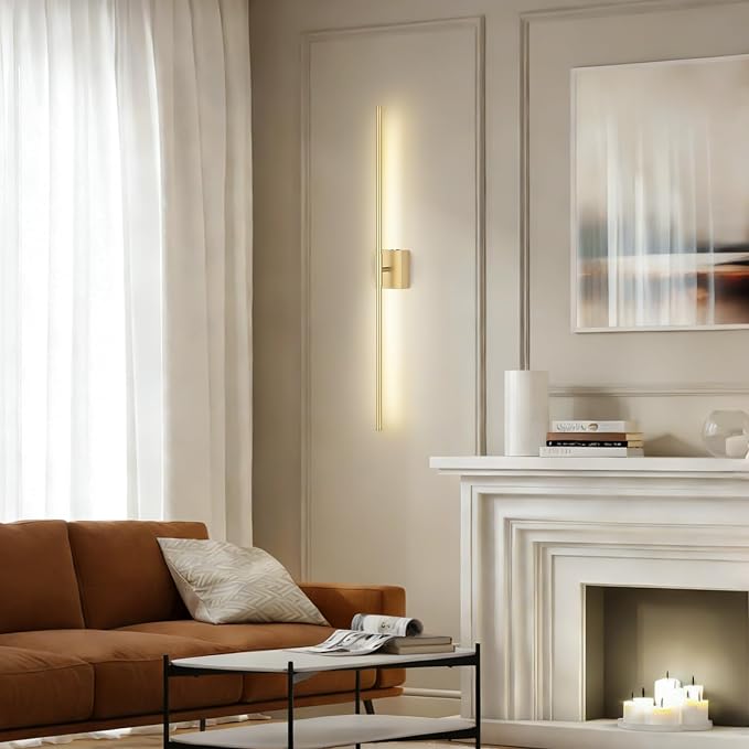 Battery Operated Wall Sconce, 3000K-6000K Dimmable Gold Wall Lights with Remote Control, Timable LED Wireless Wall Sconces, 350° Ratate for Bathroom, Living Room, Hallway 39.4 Inch 1 Pack