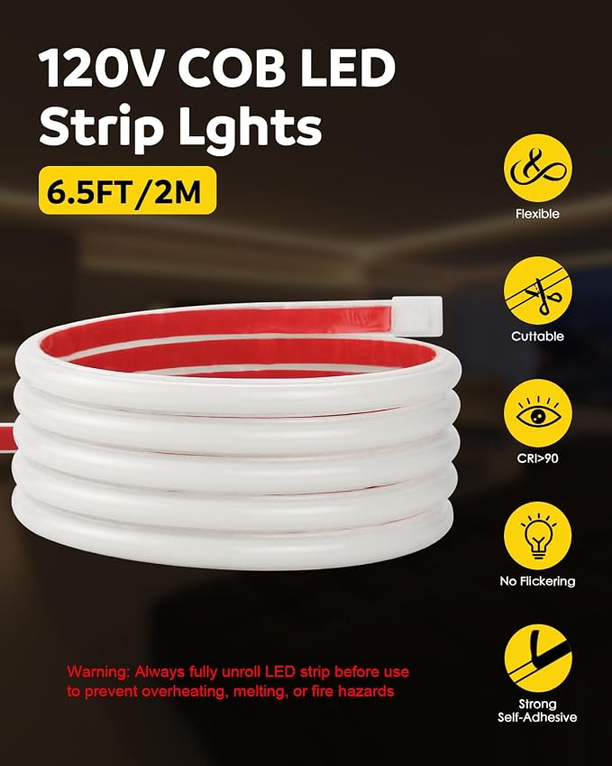 Aclorol COB LED Strip Light 110V 120V 6FT LED Light Strip Warm White 3000K with Self-Adhesive Super Bright 576LEDs Flexible Rope Lights for Kitchen Cabinets Closet DIY Lighting Project CRI90+ IP67