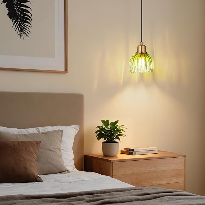 TALOYA Green Glass Pendant Light,Vintage Hanging Light with Tulip Lampshade | Adjustable Farmhouse Mini Pendant Lighting Fixture for Kitchen Island, Dining Room, Bedroom, Hallway & Bar Decor