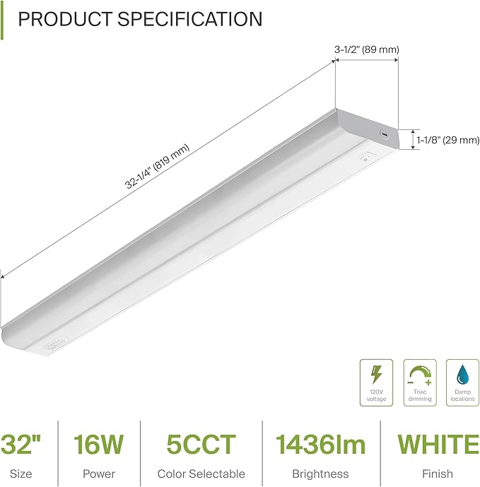 ASD 32 Inch Hardwired LED Under Cabinet Light, On/Off & 5CCT Switch 2700K-5000K, 16W 1436LM CRI90+, Direct Wire Low Profile Linkable Fixture, Dimmable Under Counter Kitchen Lighting, White, UL
