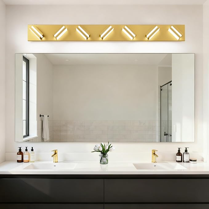 IZORRO LED Modern Bathroom Lights Fixtures(7-Light,Dimmable,360°Rotate),Brushed Glod Acrylic Wall Lighting,Vanity Lights for Bathroom Over Mirror - 6000k 40In （No Assembly Required）
