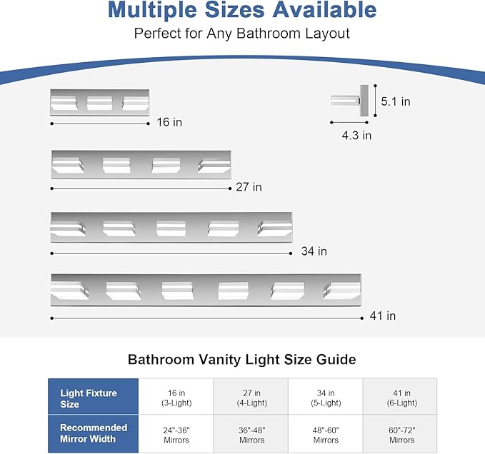 Modern LED Bathroom Lights Fixtures 5-Light,Stainless Steel Chrome Acrylic Wall Lighting,Vanity Lights for Bathroom Over Mirror 6000k 34in