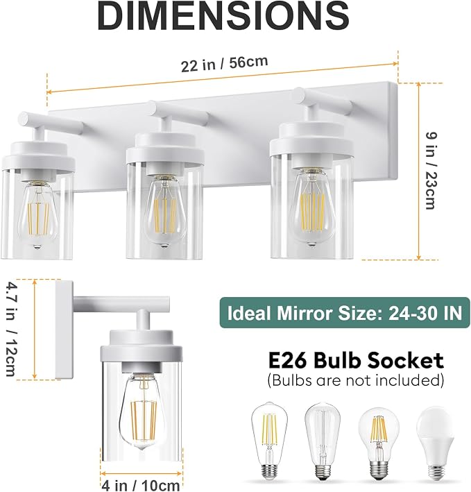 IZORRO Bathroom Vanity Light Fixture, 3-Light 22 Inch White Bathroom Light Fixtures Over Mirror, with Clear Glass Shade, Modern Farmhouse Vanity Lights, Rustic Restroom Lighting Fixtures
