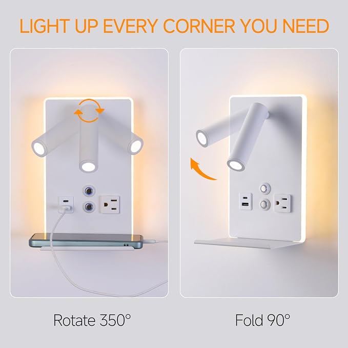 Wall Mounted Reading Light with Shelf - 3 Color Dimmable LED, 360° Adjustable Wall Lamp for Bedroom/Study, Touch Control (White)