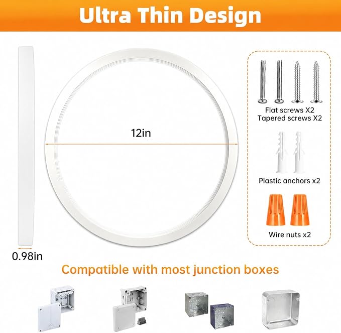 12Inch 2Pack LED Flush Mount Ceiling Light,5CCT,ETL Listed,Dimmable White | Hardwired 5CCT Selectable 2700K-5000K,24W 3200LM Dimmable Round Flat Panel Light Fixture for Bedroom,Kitchen,Bathroom&Indoor