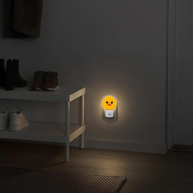 Round LED Night Lights Lamp with Dusk to Dawn Sensor, Bright Yellow Backdrop with Cartoon Duck Visage Night Light Plug Into Wall for Kids Room, Bedroom, Bathroom, Kitchen, Hallway
