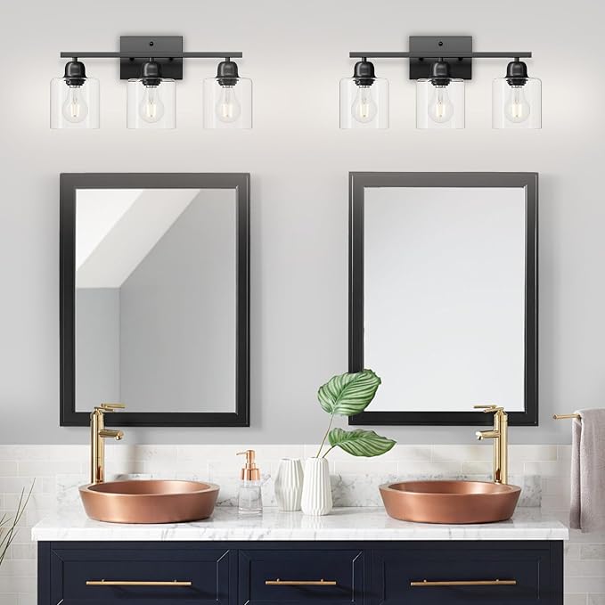 Modern 3 Light Bathroom Light Fixtures, 19 inch Black Vanity Lights For Bathroom With Clear Glass, Bathroom Lighting Fixtures Over Mirror For Mirror Kitchen Living Room Hallway Cabinet Porch
