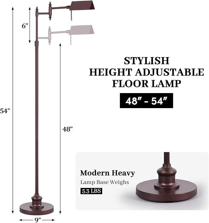 Bairth Oil-Rubbed Bronze Reading Floor Lamp,Dimmable Pharmacy Standing Lamp | 3 Color Temperature, Dimmable, 17W LED, Height Adjustable, 360°Swing Arm, for Living Room, Bedroom, Office, Craft & Sewing