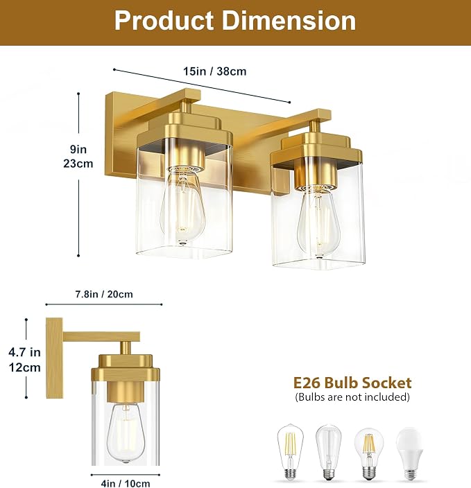 Brushed Gold Bathroom Light Fixtures, 2 Lights Bathroom Lighting Fixtures Over Mirror, Square Design & Rectangle Large Backplate, Modern Vanity Lighting Fixtures, for Living Room/Bedroom