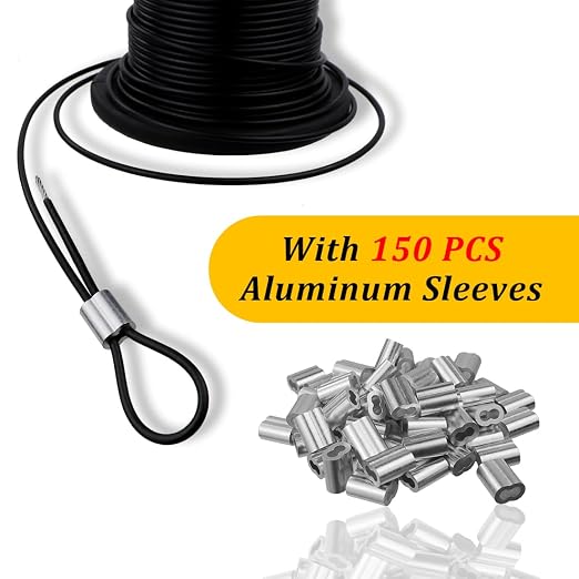 Vinyl Coated Wire Rope 304 Stainless Steel Coated Wire Cable-Black, 1/16" OD to 3/32" x 328FT, with 150 Pcs Crimping Sleeves-Cable for String Lights, Suitable for Clotheslines