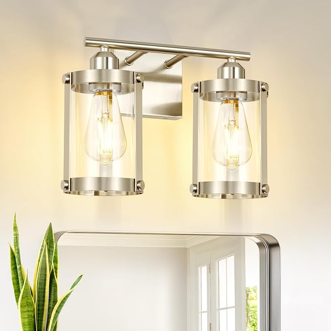 2-Light Brushed Nickel Bathroom Light Fixtures, 13.8 Inch Modern Bathroom Vanity Lighting Fixtures Over Mirror with Clear Glass and Metal Cage Wall Sconce Lights for Bath, E26, OS-3014BN-2W