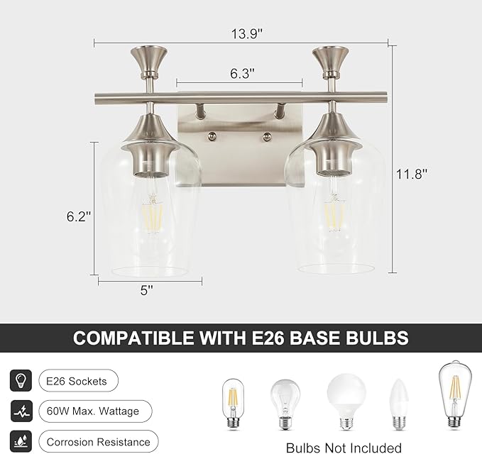 Bathroom Light Fixtures (2-Light, 14 Inch), Brushed Nickel Vanity Lights for Bathroom with Clear Wine Glass Glass Shade, Modern Vanity Wall Lights for Mirror Bedroom Living Room Kitchen Hallway Porch