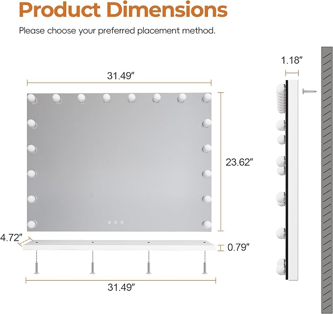 ZL ZELing Vanity Mirror Makeup Mirror with Lights,31.49" x 23.62"Large Tabletop Light up Mirror with 18Bulbs,10X Magnification,USB Charging Port,3 Color Touch Control Dimmable Lights.