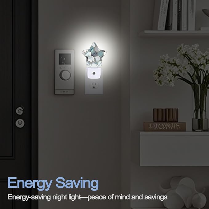 Hexagon Golden Blue Marble Night Light,Abstract Plug-in Star Night Lights with Dusk-to-Dawn Sensor for Bedroom,Bathroom,Living Room Sleep Friendly Lamp for Women Girls Boys Gift,0.5W