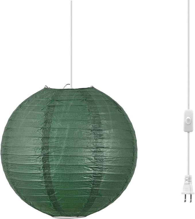 12 Inch Plug-in Paper Lantern Green Pendant Light, Rice Paper Lamp | Japanese Wabi-Sabi Light, 4.5M/15FT Adjustable Cord, E26 Socket, Soft Diffused Light for Bedroom, Dining Room & Cafe Decor