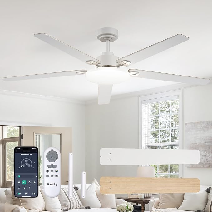 Passky 60 Inch White Sleek Ceiling Fans with Lights, Remote Control | 3-color dimmable light, quiet reversible DC motor, easy install, memory, Timer, APP, bedroom, covered outdoor areas