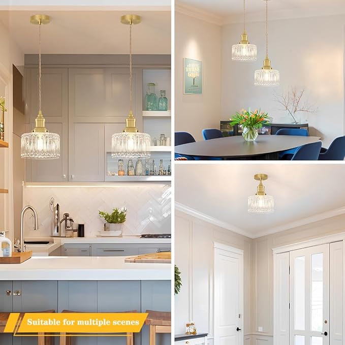 6.9in Vintage Pendant Lights for Kitchen with Clear Striped Glass Shade, Brushed Gold Pendant Lights Kitchen Island, Small Light Pendant Adjustable Hanging Light for Entrance Bedroom Hallway Home