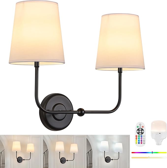 Battery Operated Double Wall Sconce, Cordless Rechargeable Battery Powered 2-Lights Fabric Sconces with Remote Control,Dimmable Sconce Wall Decor Lights for Vanity,Bedroom, Living Room