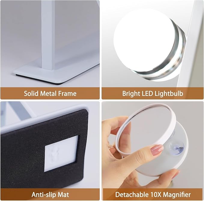 FENCHILIN Vanity Mirror with Light Lighted Makeup Mirror Vanity Smart Touch Control 3Colors Dimmable Detachable 10X Magnification Tabletop 360°Rotation(White)