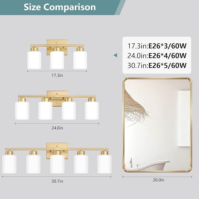 Gold Bathroom Light Fixtures Vanity Lighting Over Mirror | 4-Light Modern Wall Sconces with Milky White Frosted Glass Shades for Restroom (E26 Socket)