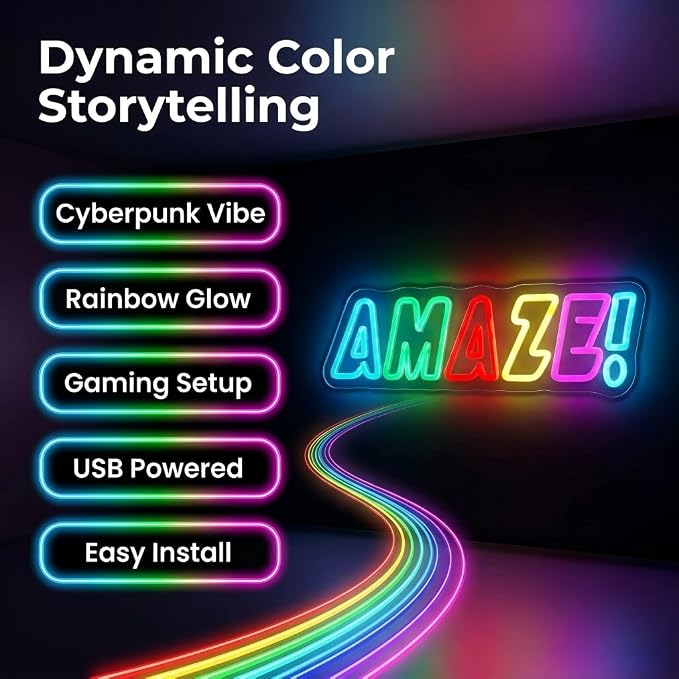 AMAZE! Neon Sign, Rainbow LED, Multi-Color, 16.5x5.4"IN | Classroom Neon Sign ,USB Powered, Gamer Room Decor, Sci-Fi Fan Decor, Wall Art