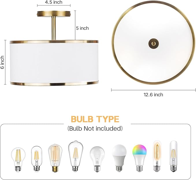 CALOKES Luxury Semi Flush Mount Ceiling Light, 3-Light Drum Lamp with Gold Brass Finish and Fabric Shade, Ideal for Bedroom, Kitchen, Dining Room, Hallway, Entryway, and Foyer, 12.6"
