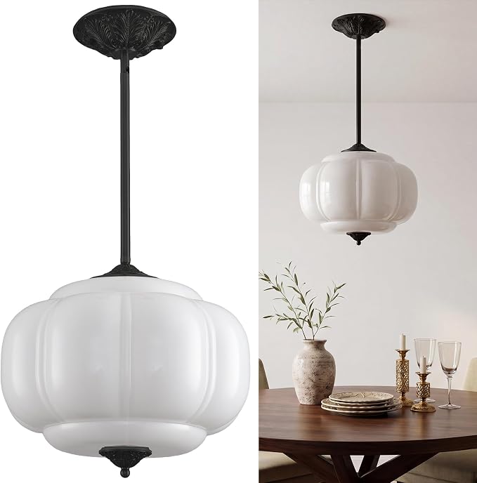 LOUSACE 15 in White Milk Glass Ceiling Light Fixture, Semi Flush Mount Vintage Milk Glass Pendant Light for Kitchen Island Hallway Bedroom Dining Room, LED Bulb Included