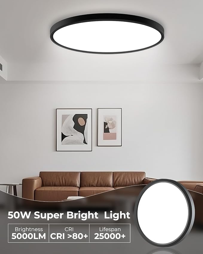 hepside 23INCH Big Dimmable Flush Mount Ceiling Light Fixture Black, 3000/4000/6500K Ceiling Lamp, 50W 5000LM Super Bright Low Profile Light for Bedroom, Kitchen, Bathroom, Hallway