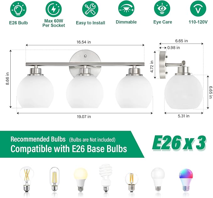 Brushed Nickel Bathroom Light Fixtures, 3-Light Modern Vanity Lights Over Mirror with Clear Glass Globe Shade, Bathroom Wall Sconces for Mirror
