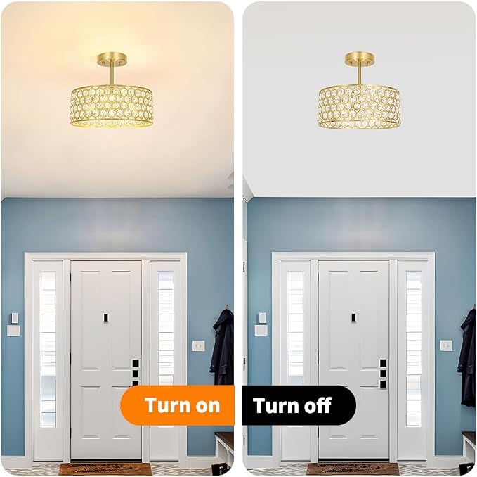 Lxybcce Gold Crystal Ceiling Light Fixture - Modern Semi Flush Mount Ceiling Light for Hallway, Kitchen Lighting Fixtures Ceiling, Dazzling Prism Chandelier for Foyer Closet Bedroom, 3 Light, 12 in